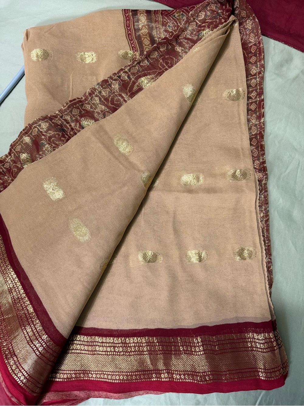 Elegant Beige and Maroon Woven Women's Saree with Gold Accents